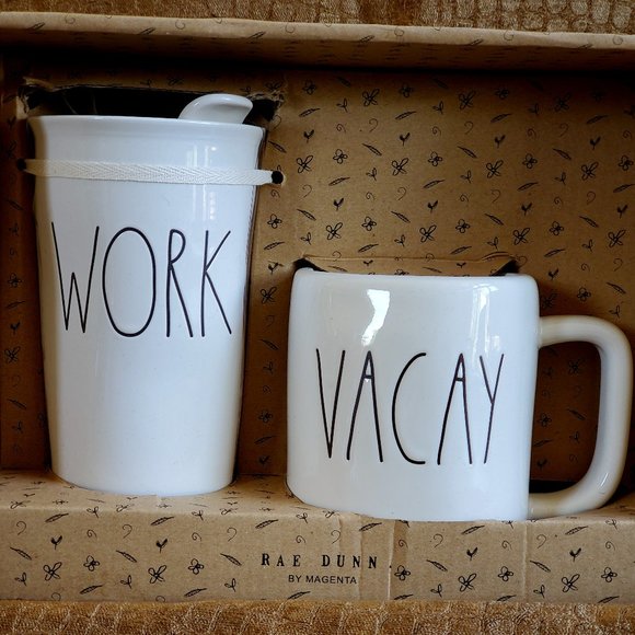 Rae Dunn "Work" Travel Tumbler and "Vacay" Mug - Picture 1 of 2